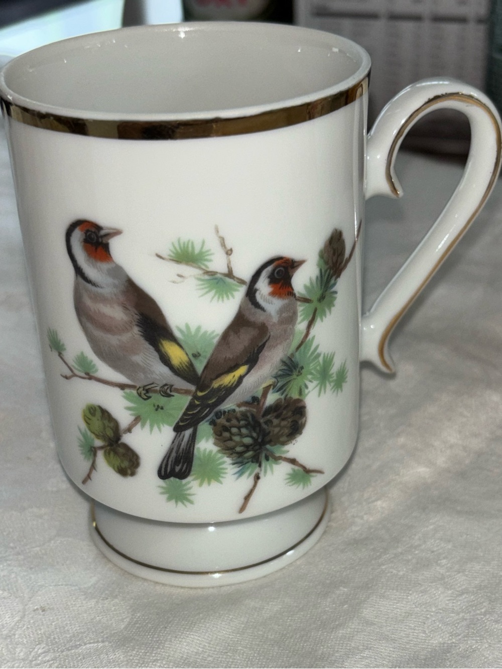 Porcelain Bird Print Coffee Mug with Gold Trim